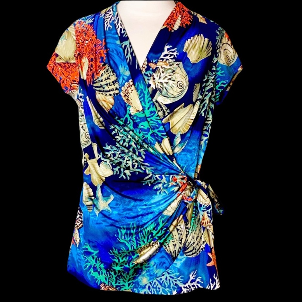 Vintage Cache Under the Sea Short Sleeve Faux Wrap Top